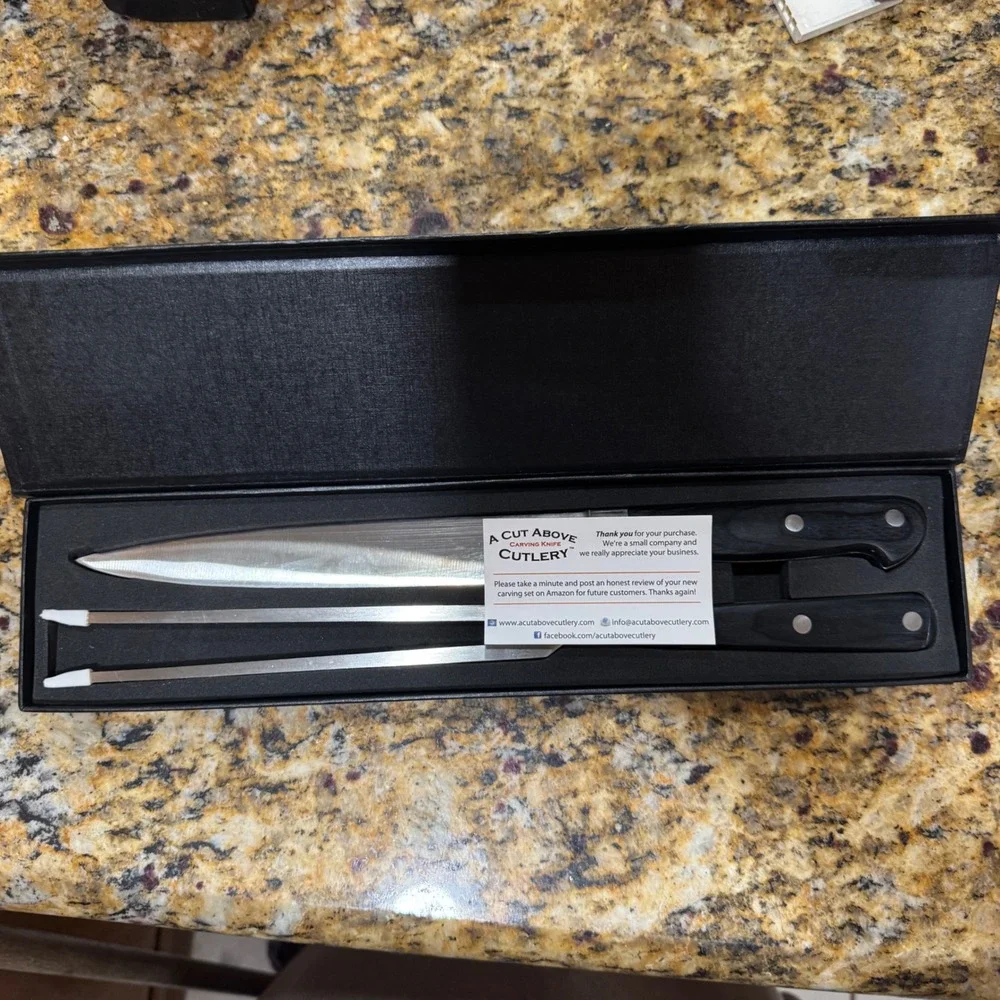 A Cut Above Cutlery Carving Set Stainless Steel Knife and Fork Black Handles Box